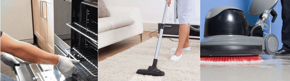 Cleaning tasks in a home setting, showcasing an individual cleaning an oven, vacuuming a carpet, and using a floor scrubber, representing Local Cleaning Services' commitment to quality domestic cleaning in Melbourne.