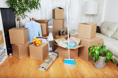 Boxes and cleaning supplies in a living room, emphasizing move-out preparation and the need for thorough cleaning before vacating a property.