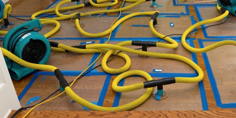 Water damage restoration equipment including air movers and hoses on a hardwood floor, used for drying carpets and flooring after flooding in a home.